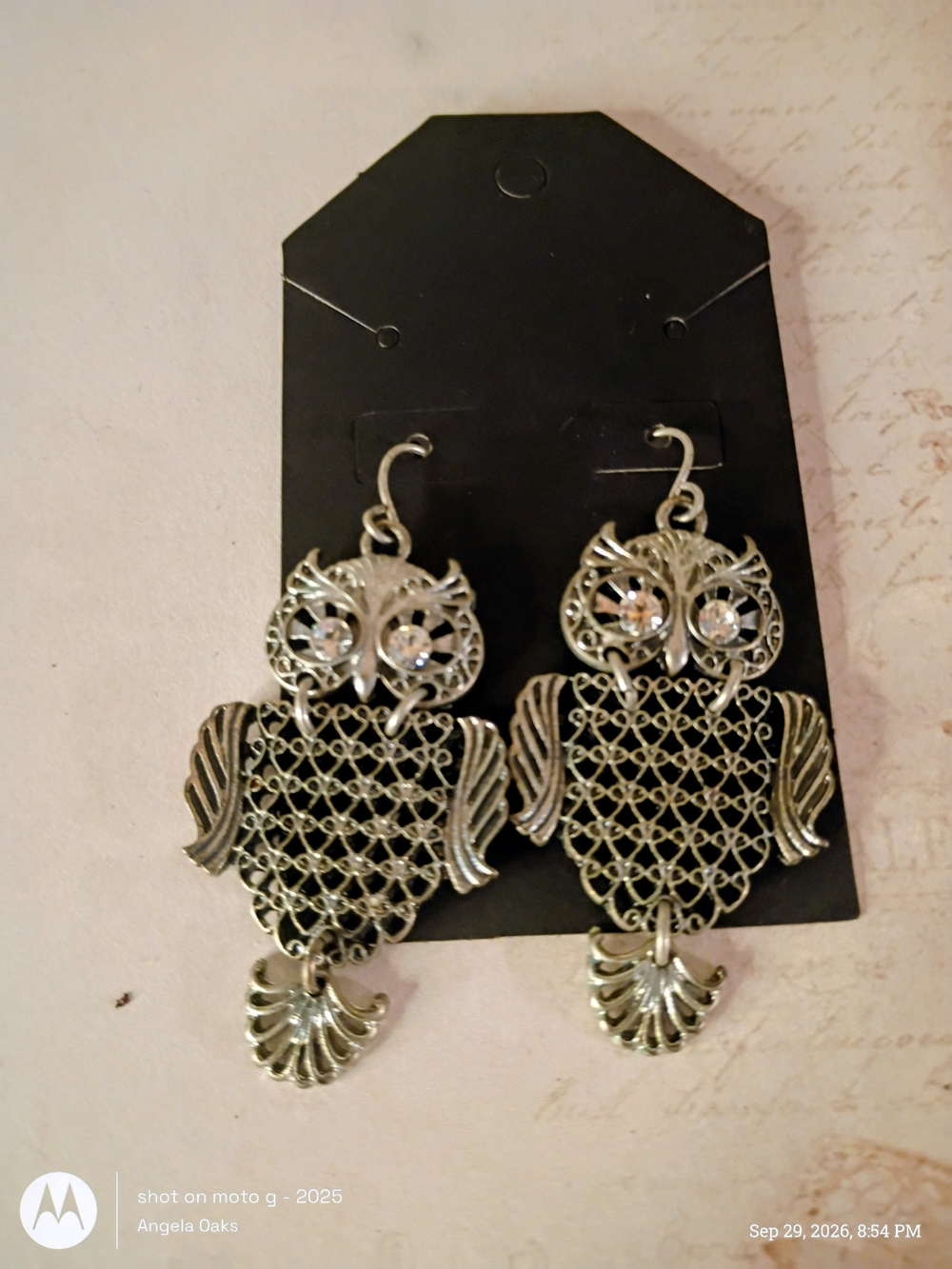 Source Unknown Silver Owl Dangle Earrings with Crystal Eyes